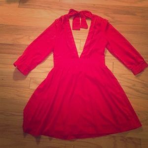 Tobi Red Long Sleeve Low Cut Open Back Dress