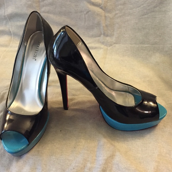 Black patent heels with blue platform pink bottoms