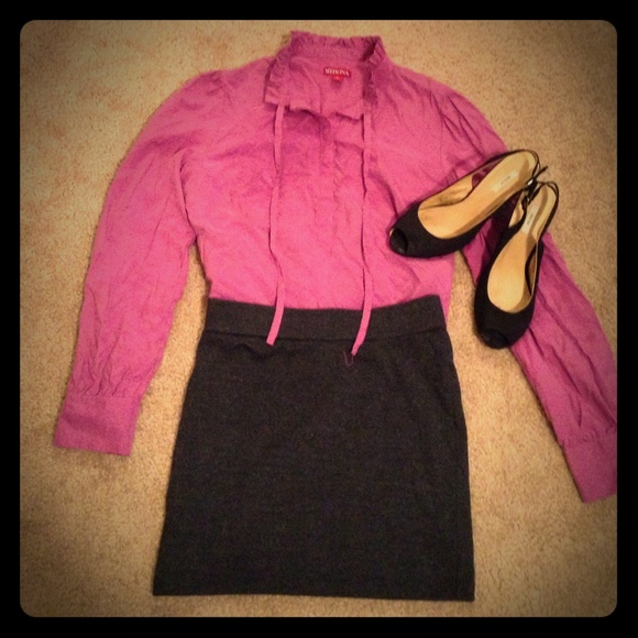 Purple ruffle collared shirt with string tie