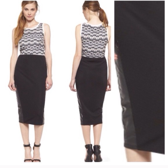 NWOT black pencil midi skirt with leather panels