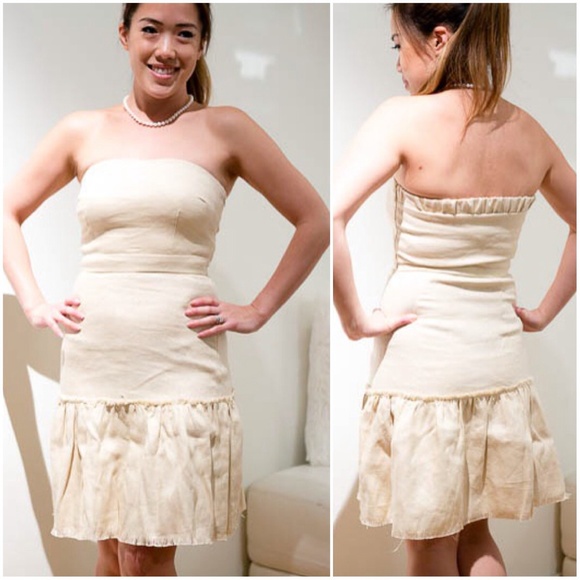 CYNTHIA ROWLEY woven straw-colored dress w/ fringe