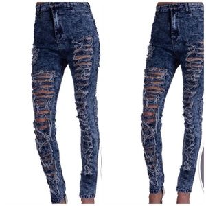 High waisted acid wash denim ripped cut out jeans