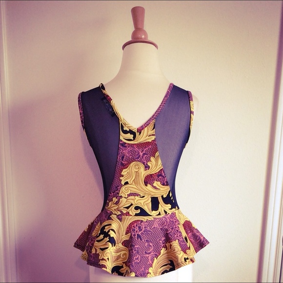 JOYCE PINK BLACK YELLOW PRINT & MESH PEPLUM TOP SMALL - Picture 4 of 4