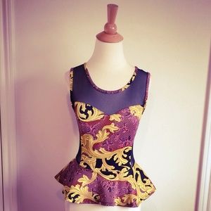 JOYCE PINK BLACK YELLOW PRINT & MESH PEPLUM TOP SMALL
