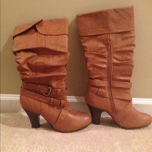 Brown-buckled mid calf boots w/ 2" heel