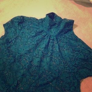Teal lace mock turtleneck cap sleeve top