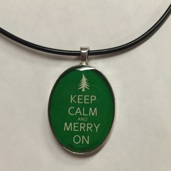 "Keep Calm & Merry On" pendant on black cord