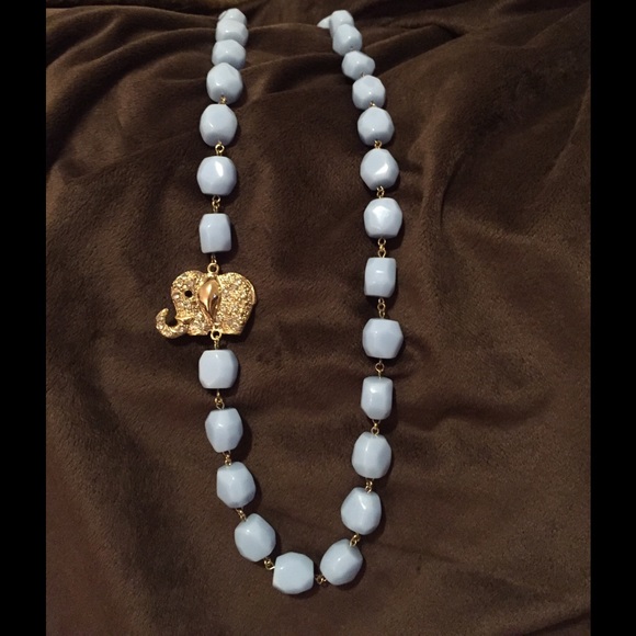 Gold Crystal Elephant Light Blue Beaded Necklace
