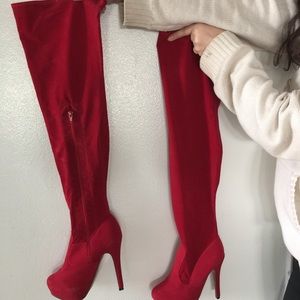 Red  velvet thigh high boots size 7 never worn