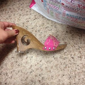 Pink and wood wedge sandals