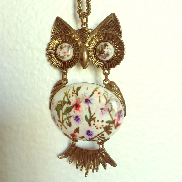 Floral Enamel Stone Owl Necklace