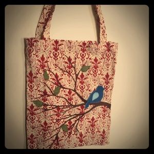 Handmade tote with birds and leaves on the front