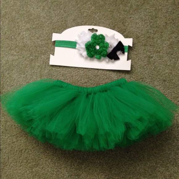Green tutu and shamrock headband.