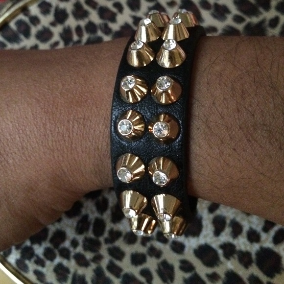 New- Pretty Black Leather Spiked Cuff/Rhinestones!