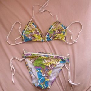 Printed triangle bikini top and matching bottom.
