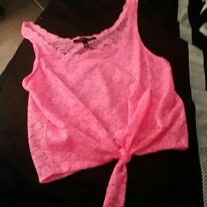 Pink lace top, green and floral