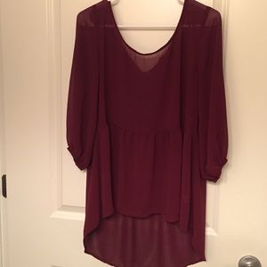 Burgundy Sheer 3/4 Sleeve Babydoll Blouse