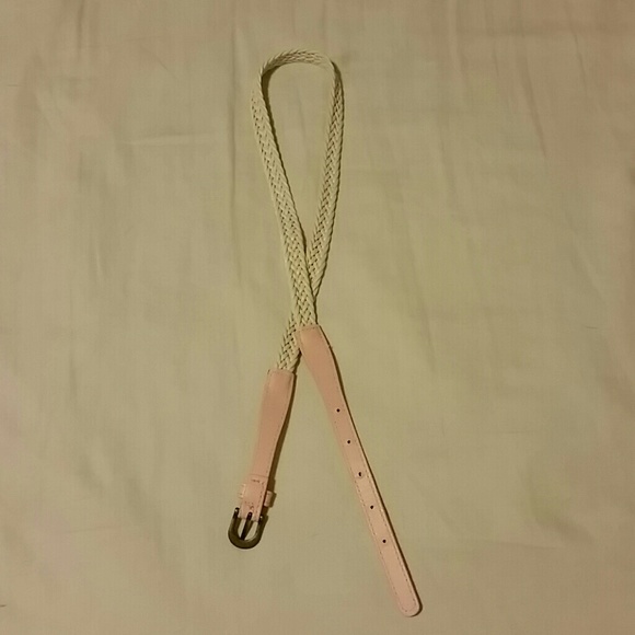 Cream braided, pink leather strap belt