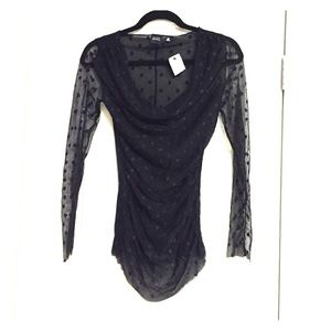 Black Saks Fifth Ave Sheer Polka Dot Cowl Neck