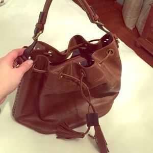 Boden handbag. Brown leather with navy accents.