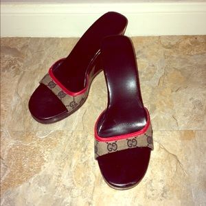 Gucci Red, Black & Tan Slide Wedge Sandals Size 8