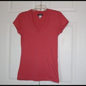 Orangy red fitted v neck shirt