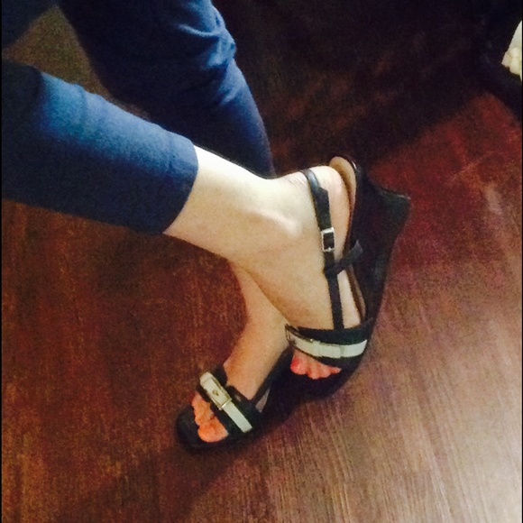 Étienne Aigner Shoes - Etienne Aigner Leather Navy Wedge Sandals
