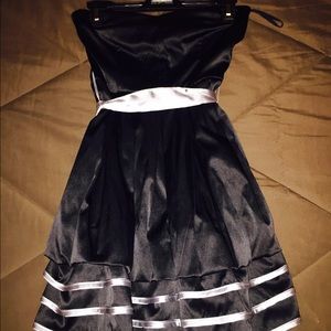 Strapless Black satin dress with silver trim & bow