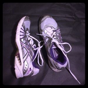 Purple, silver and white asics