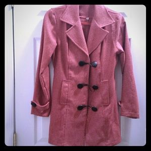 Red knit coat with wide buttons
