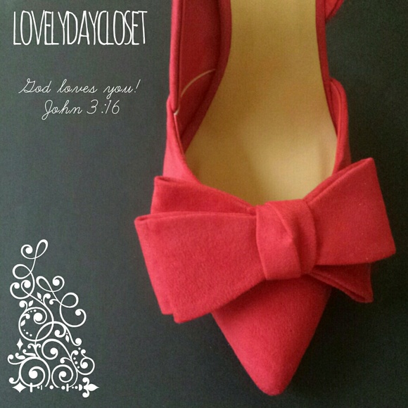 Red suede bow heels