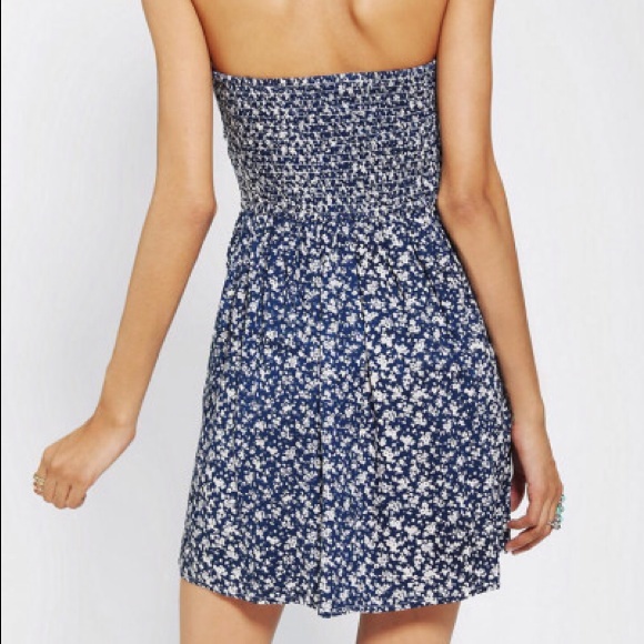 Blue and white strapless dress