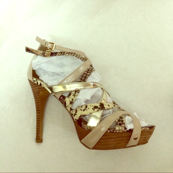 Guess Shoes - Guess Gold and a Snake Print Strappy Heels