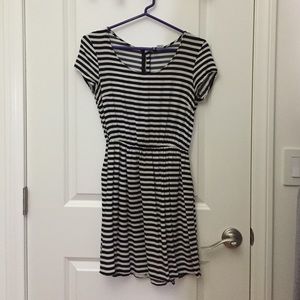 Black and white striped short sleeved short dress