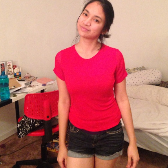 Red shirt with sheer sleeves