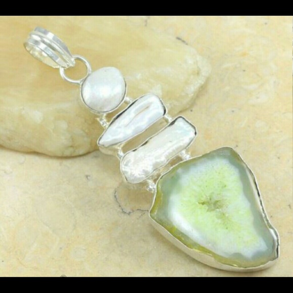 Agate Druzy Sterling Silver Pendant/ Biwa Pearls