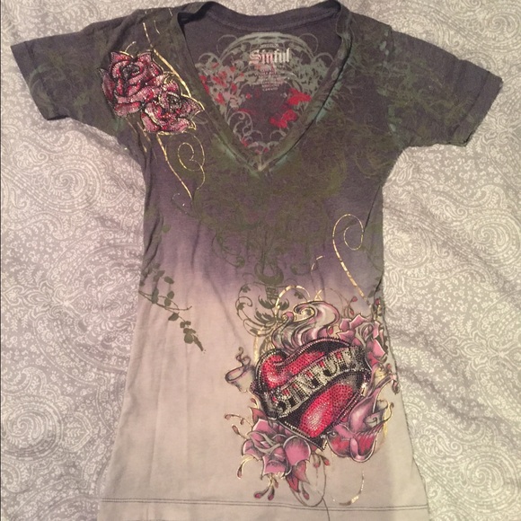 Grey embellished "sinful" v-neck tee shirt