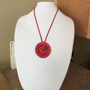 Necklace Red Needlework with silk rope