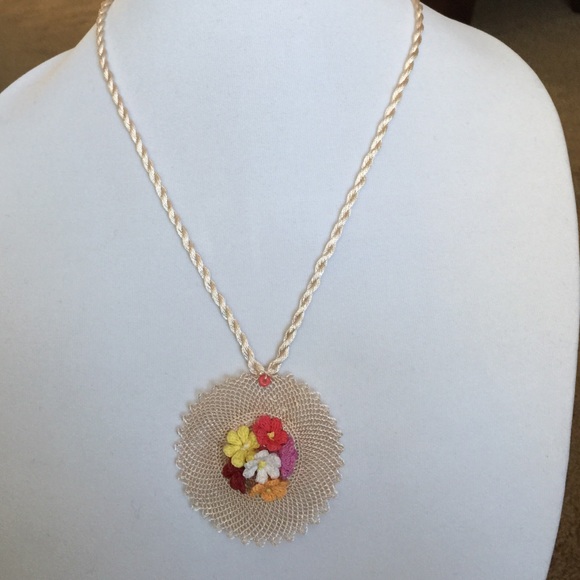 Necklace Hand Made Needlework with silk rope Cream