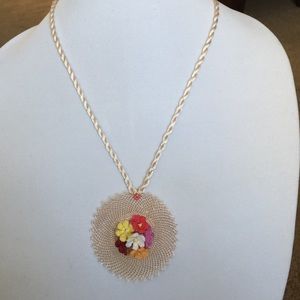 Necklace Hand Made Needlework with silk rope Cream