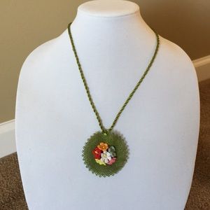 Necklace Needle work with silk rope Green