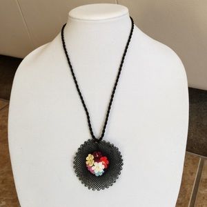 Necklace Hand Made Black Needlework with silk Rope