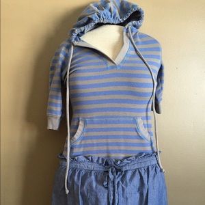 Grey and blue striped shirt sleeve hoodie