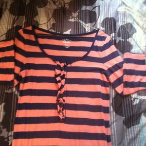 Pink and navy striped blouse