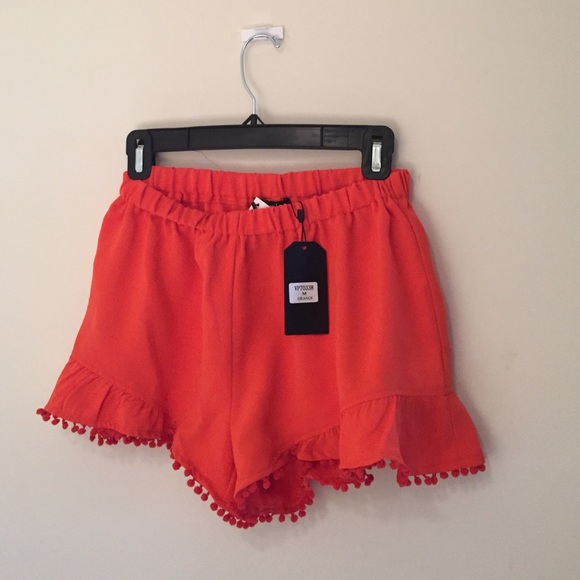 Orange Shorts with Pom-Pom Trimmed Tassel