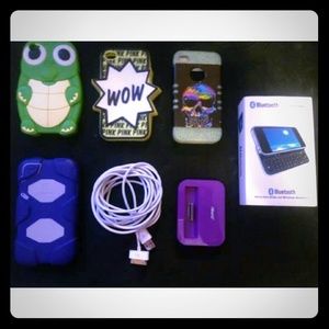 IPhone 4 cases, charger, dock, and keyboard