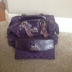 Purple coach handbag and matching wallet