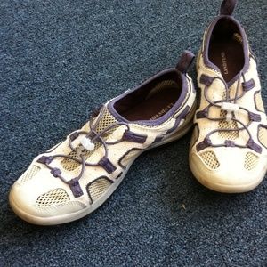 Lands End Sneakers, Beige with Purple Accents.