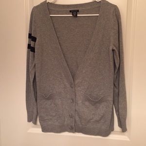 Grey Cardigan Sweater with Black Stripes