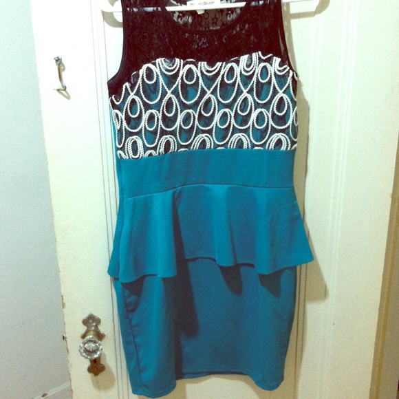 Teal Lace Illusion Peplum Cocktail Dress